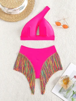 Frange nappa una spalla costume da bagno femminile Bikini a vita alta costumi da bagno donna Bikini a due pezzi costume da bagno bagnante Swim K4999H