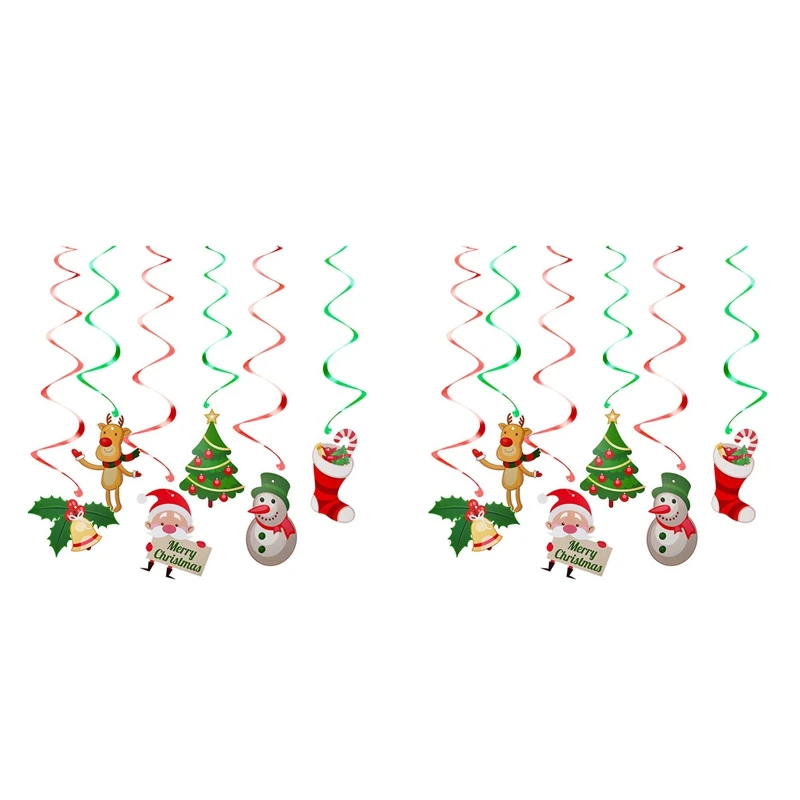 

2 Set Christmas Spiral Ceiling Hanging Santa Claus Elk Bell Swirl Banner Christmas Party Home Living Room Decoration
