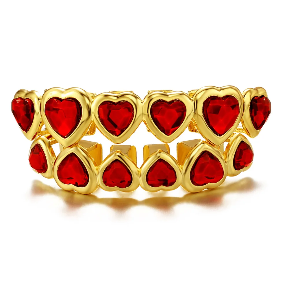 RACHELZ Hip Hop 6/6 Green Heart Crystal Teeth Grillz Gold