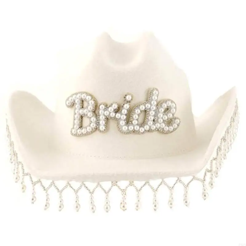 P88B Bachelorettes Party Cowboy Hat for Bride with Pearl Fringed Bridal Shower Cowgirl Hat Carnivals Party Photoshoots