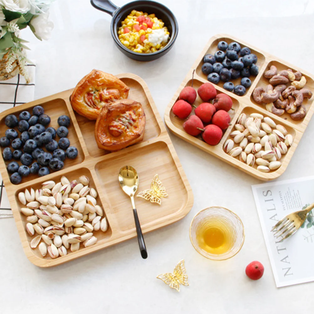 Rectangle 4 Grids Bamboo Snack Plate Fruit Tray Bread Dishes Dessert Platter Serving Plates Kitchen Dining Bar