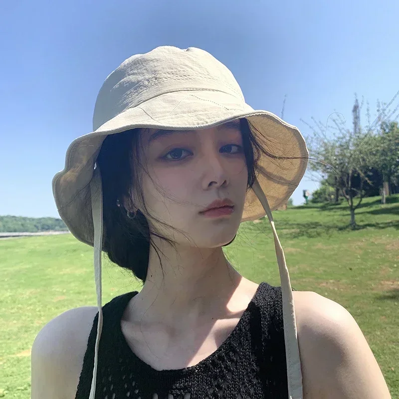 Korean Ins Lace-up Fisherman Hat Women Ins Blogger Lightweight Windbreak Windproof Rope Sunshade Basin Hat Sun Bucket Hat Caps