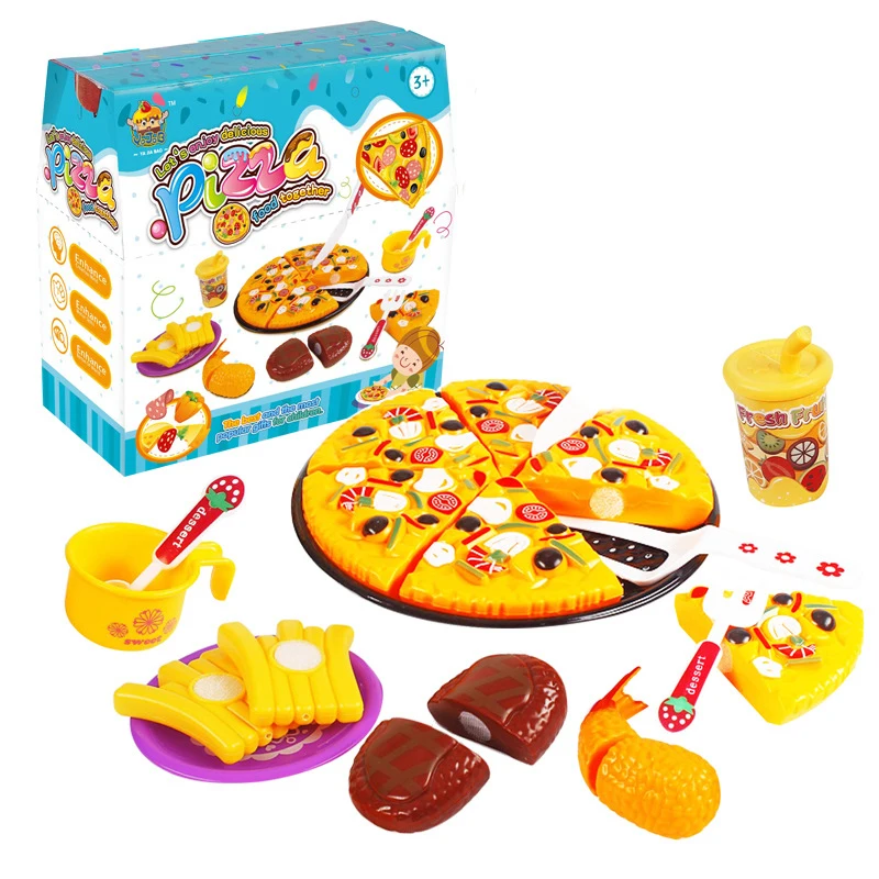 Kids Simulation Food Kitchen Toy DIY Pretend Play Set Cutting Birthday Cake Fries Pizza Game Educational Toy for Girls Gift