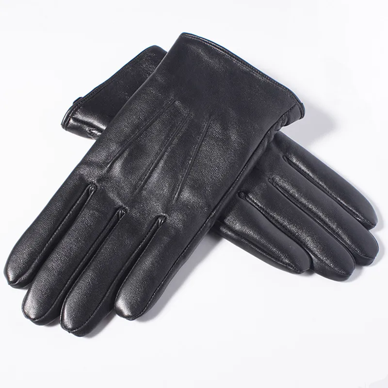Men's Genuine Leather Gloves Real Sheepskin Touch Screen Gloves Button Wool Lining Winter Mittens GSM050