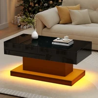 KOMHTOM Table basse noire avec 2 tiroirs et barre lumineuse LED table basse haute brillance 4