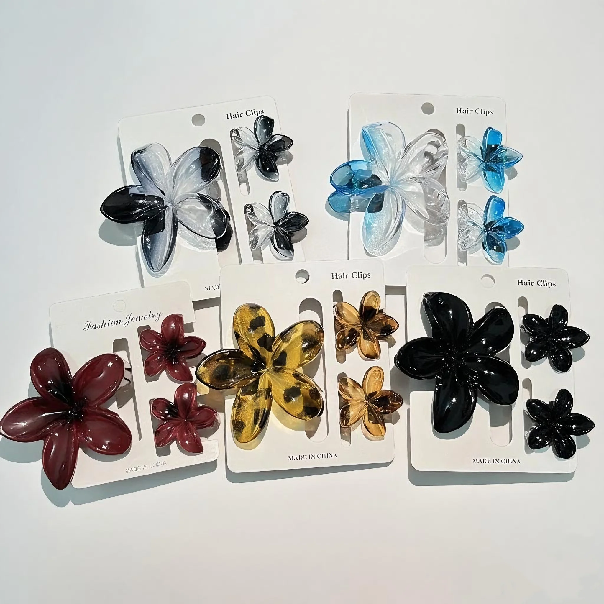 15 Stück glänzende Ombre durchscheinende blaue Frangipani-Blumen-Haarklammern, große und kleine Größe, tägliches Tragen, Pferdeschwanz-Haarspangen-Zubehör