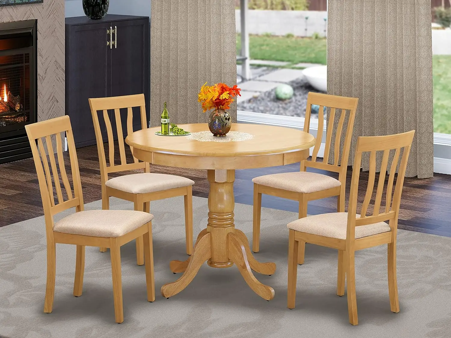 

East West Furniture Antique 5 Piece Room Set Includes a Round Wooden Table with Pedestal and 4 Linen Fabric Kitchen Dining Chair