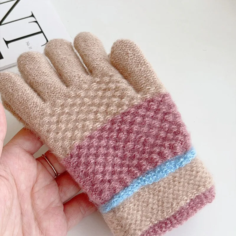 New Fashionable Kids Gloves Baby Clash of Color Knitted Warm Gloves Autumn and Winter Kids Cold Thickened Outdoor Riding Mittens