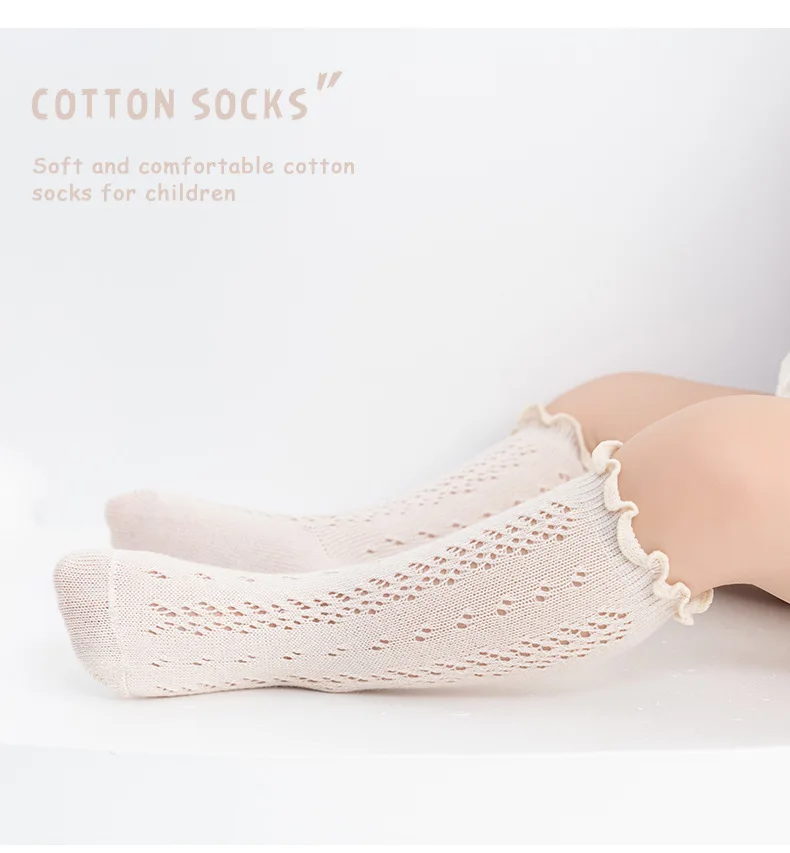 3 Paar Baby-Socken für Mädchen, Sommer, solide Spitze, kniehoch, Rüschen, für Säuglinge, Neugeborene, weiche Baumwolle, lange Netzsocken – Detail 10