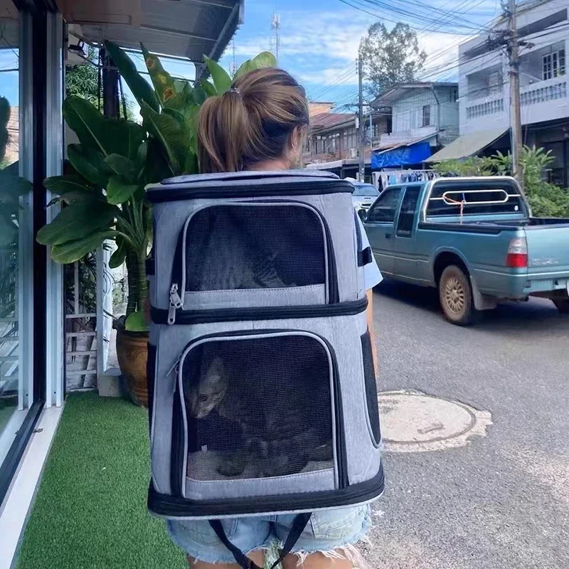 Dual-Layer Cat Carrier Large-Capacity Pet Rolling Bag Breathable Double-Shoulder Backpack with Built-In Leash and Pocket