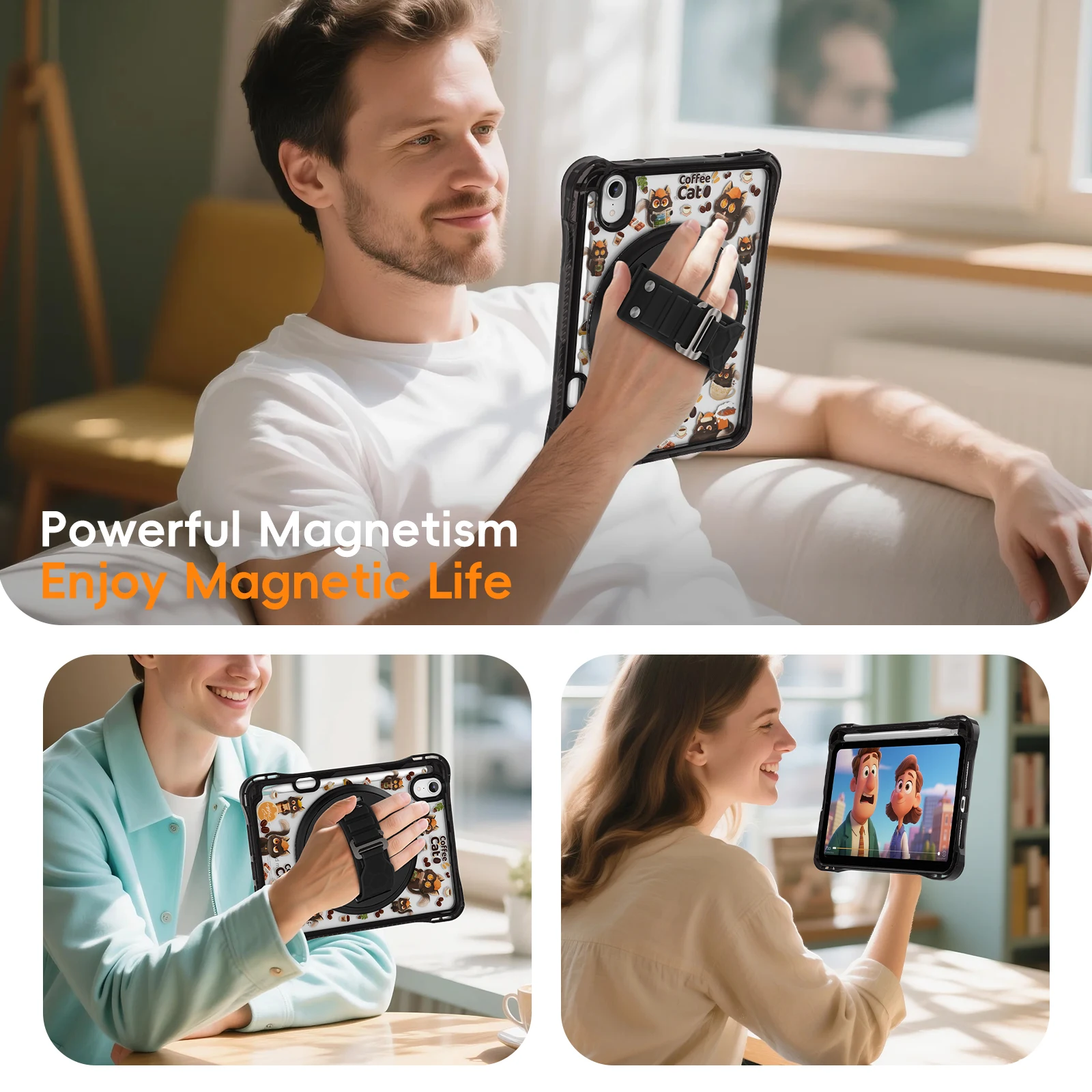 Shockproof Transparent Cartoon Tablet Case with Back Strap and Hand Stand