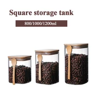 800-1200ml Square Glass Coffee Sealed Storage Jar Wooden Spoon Coffee Bean Cans Household Milk Powder Tea Sugar Storage Can 1