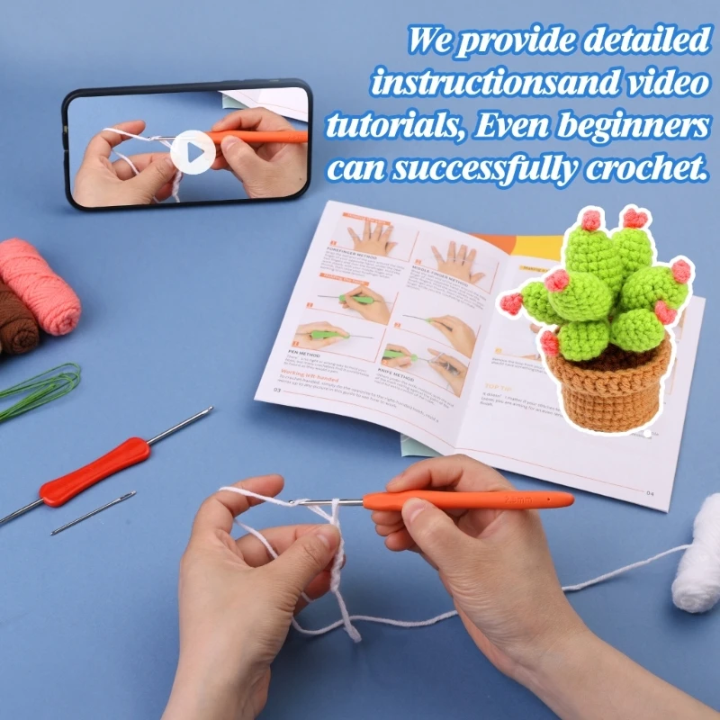 DIY 크로셰 뜨개질 공예 세트 크로셰 뜨개질 후크 원사가 있는 화분 크로셰 뜨개질 키트 바늘 지침, 초보자를 위한 액세서리
