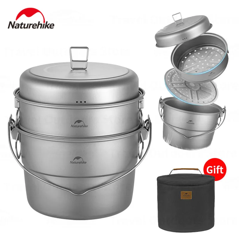 Naturehike Pure Titanium Multi-Layer 5.5L Hanging Pot Outdoor Camping Cooking Portable Cookware With Steaming Tray 3-4 Persons