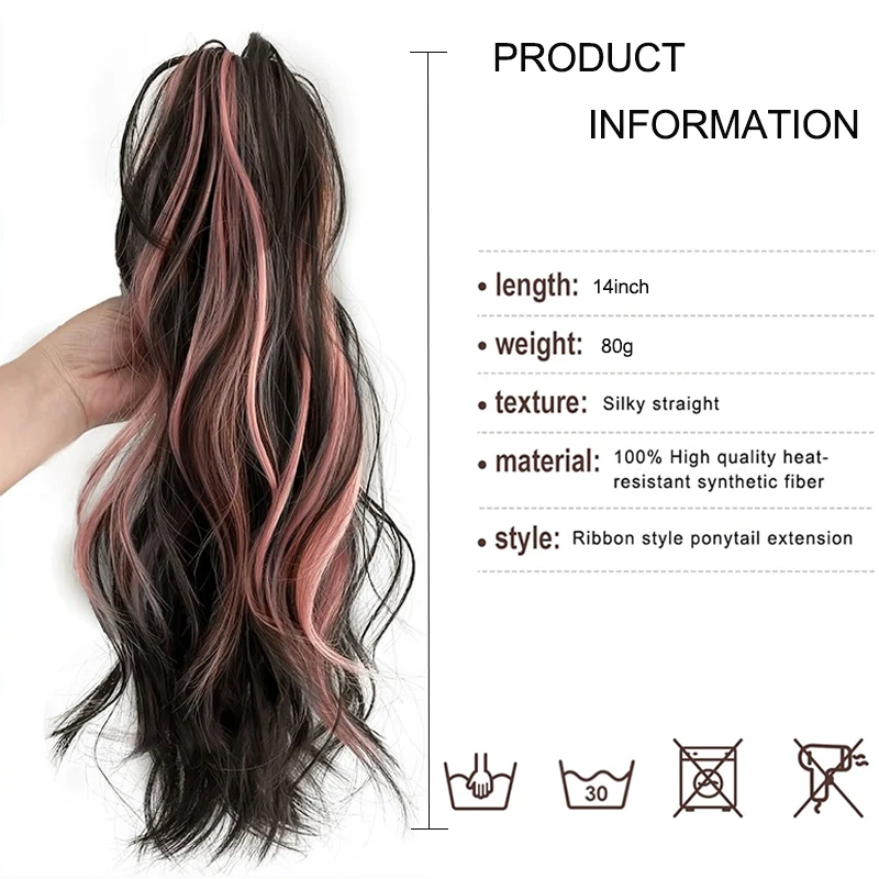 LUPU Clip Style Curly Ponytail wig - Heat-Resistant Synthetic Hair With Pink/Black Highlights, Suitable for Daily Wear
