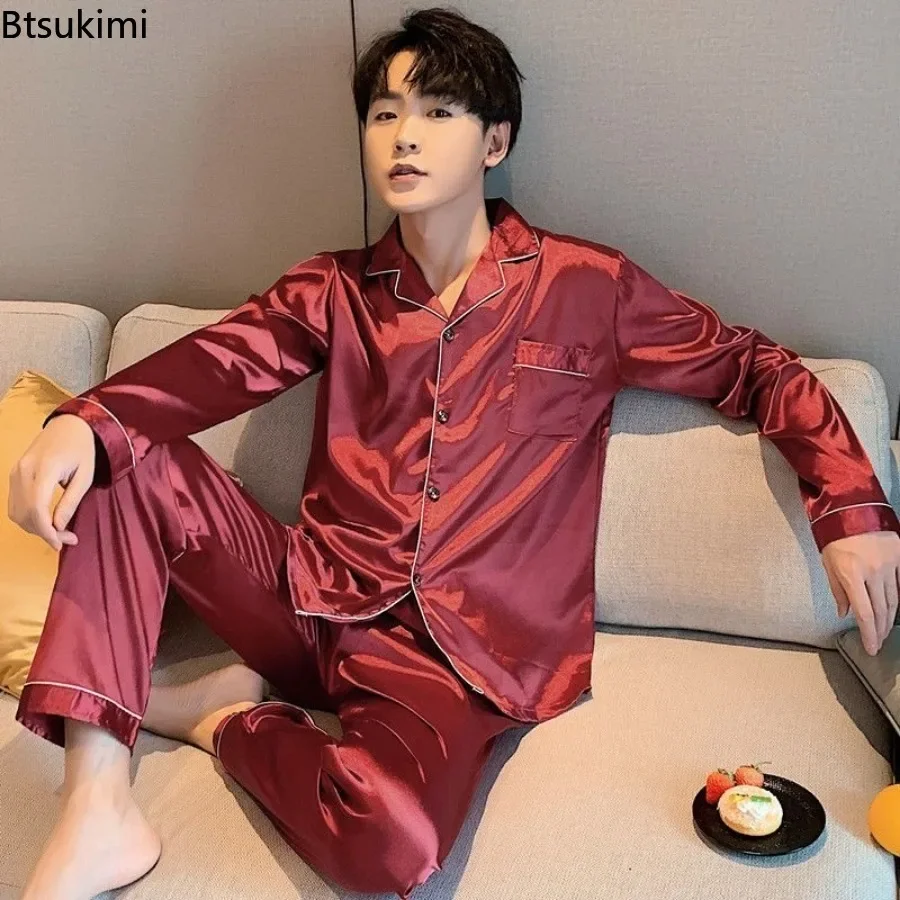 Men's Casual Pajamas Sets Oversized Silk Mens Pajama Pants Sets Satin Long Sleeve Sleepwear Home Pijama Night Wear Loungewear pajamas set silk pajamas man pajamas set satin pajama set