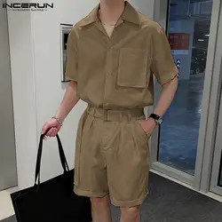 INCERUN Men Sets Streetwear 2023 Summer Solid Lapel Short Sleeve Shirt & Shorts With Belt 2PCS Korean Fashion Men's Suits S-5XL