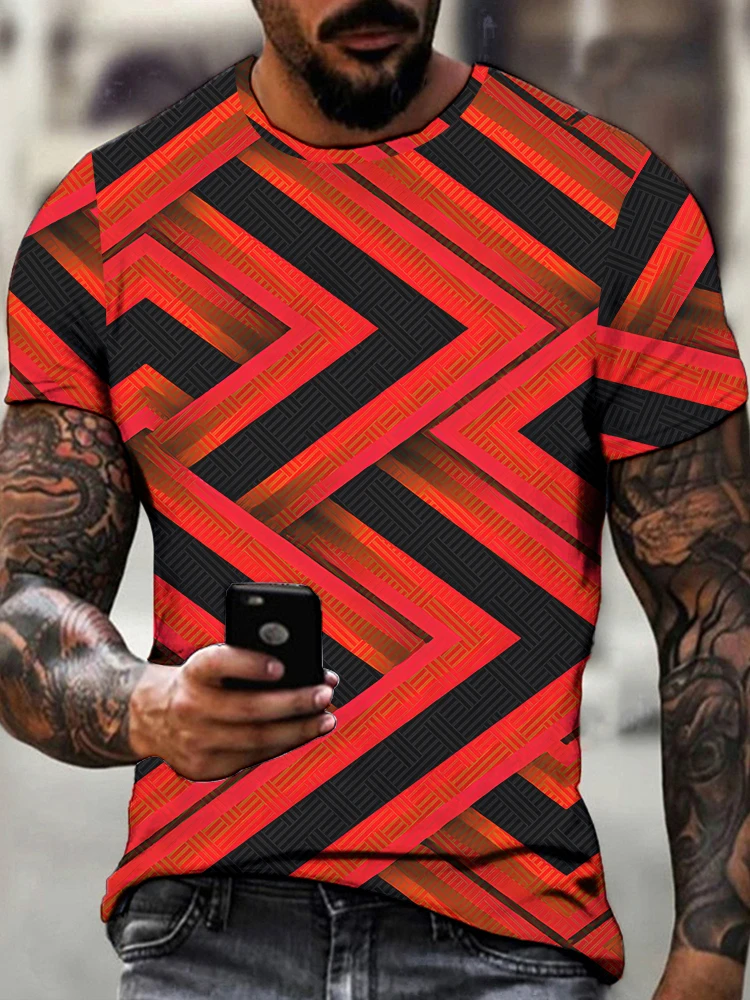 

Summer Loose Comfortable Short -sleeved T-shirt Red Black Striped Fashion 3D Digital Printing T Shirt Men's Street Cool T-shirt