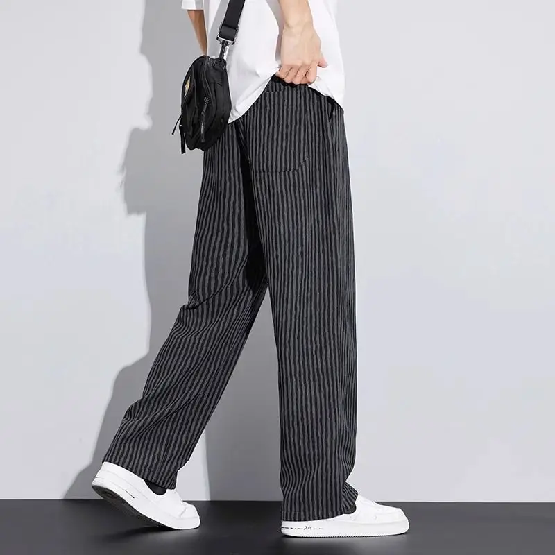 Korean Version Streetwear Fashion Men Stripe Wide Leg Pants Summer Male Harajuku Loose Casual Elastic Waist Straight Trousers