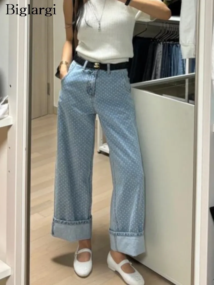 

Jeans Polka Dot Print Spring Summer Long Wide Leg Pant Women Korean Style Loose Pleated Ladies Trousers Casual Modis Woman Pants