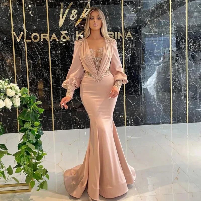

Gorgeous Women's Mermaid Long Sleeve Evening Dresses Sexy V-neck Lace Applique Princess Formal Beach Cocktail Prom Gowns Vestido