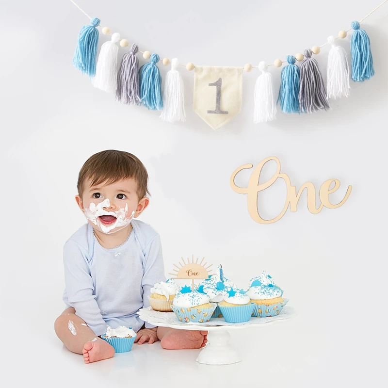 Baby alles Gute zum Geburtstag Banner handgemachte Quaste Anhänger erste Junge Mädchen Holz Hochstuhl Girlande Kit Kind rosa Party Hut Set für Geschenke – Detail 8