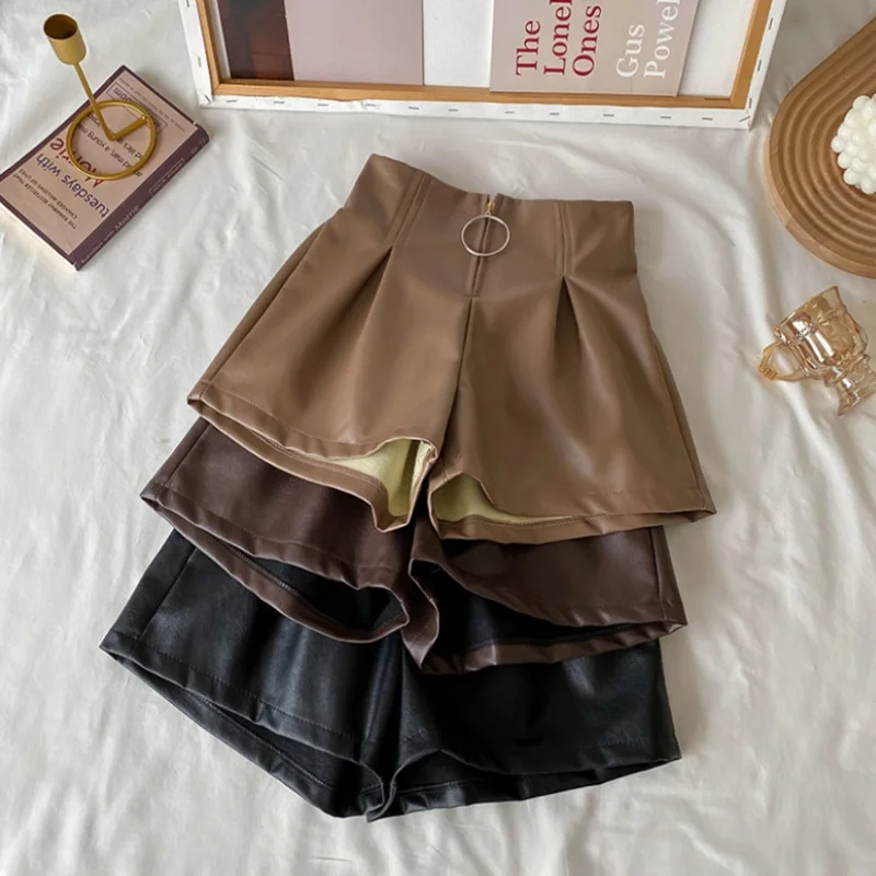 Fashion Korean Zipper Patchwork High Waist Leather Shorts Summer Women's Clothing Loose Commute Solid Color Pants for Female