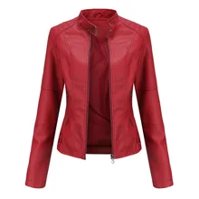 Jaqueta de couro feminina 2021 outono primavera moto motociclista jaqueta com zíper vermelho preto damasco café casaco senhoras outerwear marrom