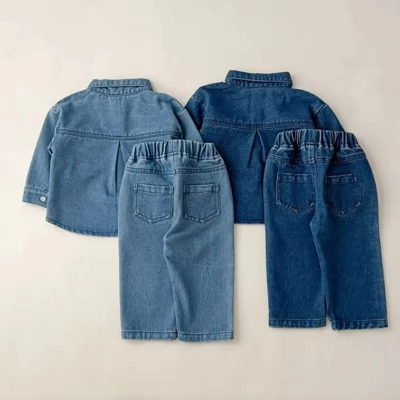 2025년 여아 봄 가을 아동 남아 2PCS 의류 세트 면 턴다운 칼라 데님 코트 + 단색 청바지 바지 남자아이 의상