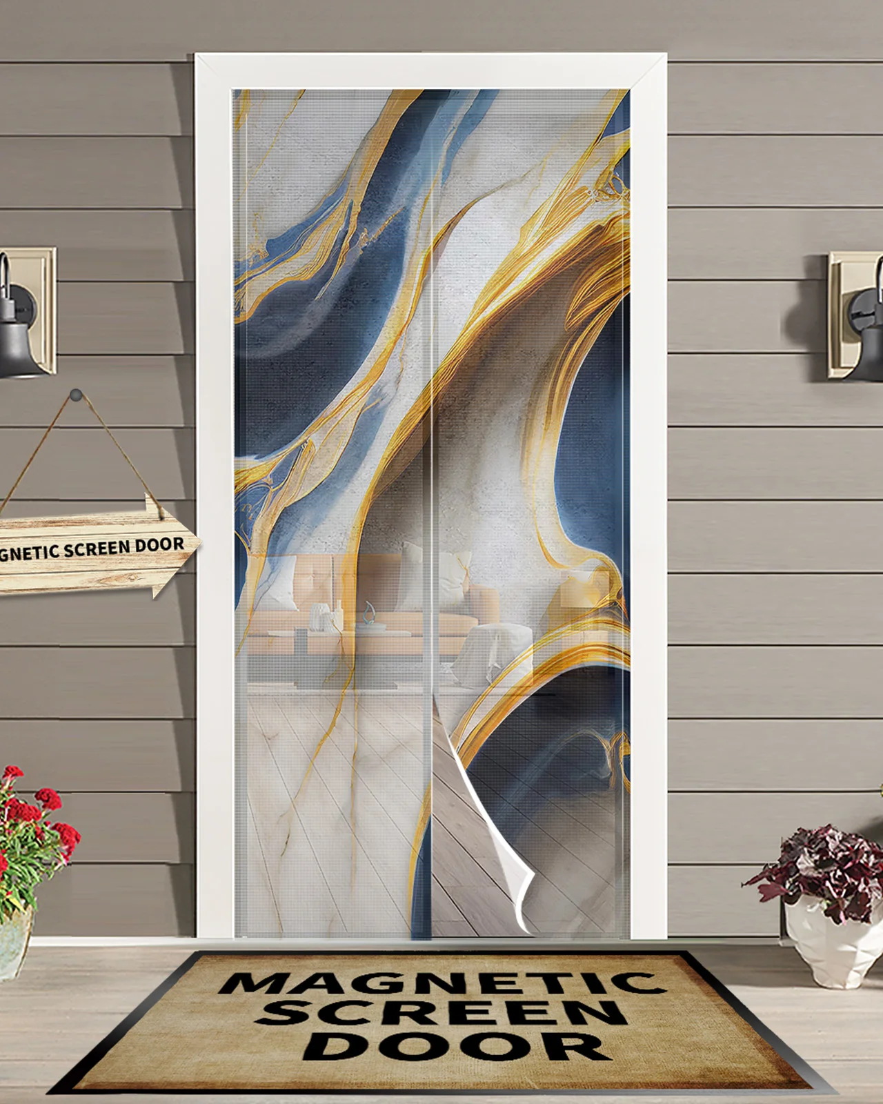 

Marble Texture Blue Kitchen Curtain Magnetic Mosquito Net Curtains Summer Bedroom Anti Insect Door Curtain