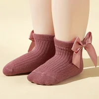 4 Pairs Baby Girl Socks Large Bow Princes Kids Middle Tube Socks Solid Color Spring Autumn Newborn Toddler Cotton Short Socks 2