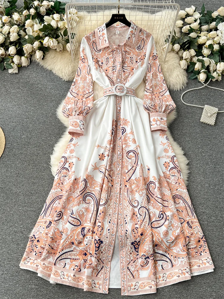 

Bohemian Holiday Dresses For Women Vintage Paisley Print Boho Long Dress Spring Long Sleeve Elegant Shirt Maxi Dress With Belt