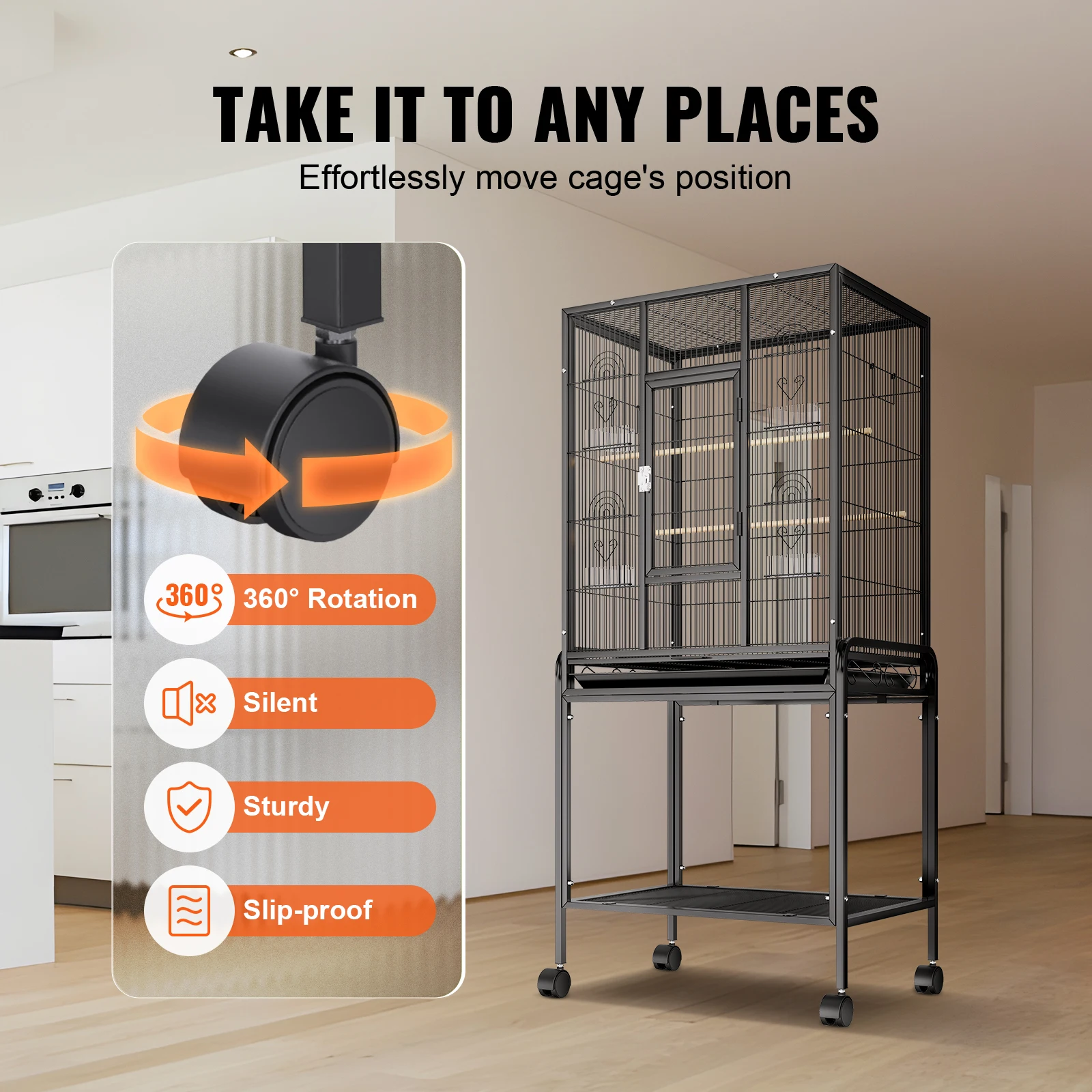 VEVOR Gabbia Per Uccelli 76x46x46 Cm - Con Divisorio E 5 Trespoli - Per Parrocchetti E Inseparabili - Nero - Foto 8