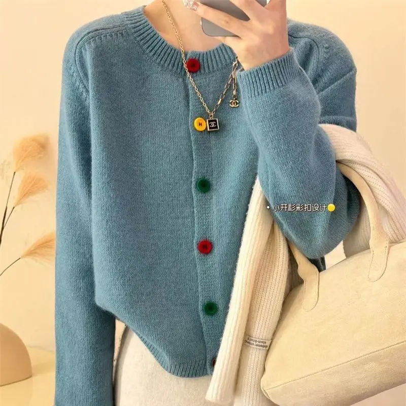 Japanese Sweet and Fresh Round Neck Colorful Button Knitwear Coat Academy Style Western Versatile Sweater Women's Cardigan 2