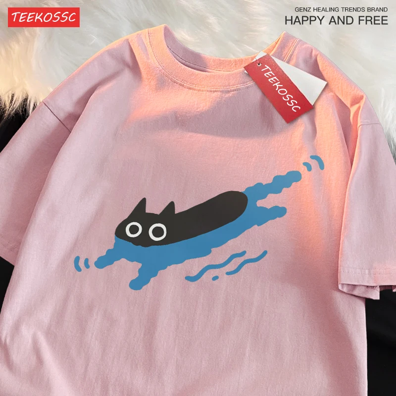 Couple Tees Swimming Black Cat Diving Shoulder Short Sleeved T-shirt For Men Women Breathable Casual Pure Cotton Loose Clothes