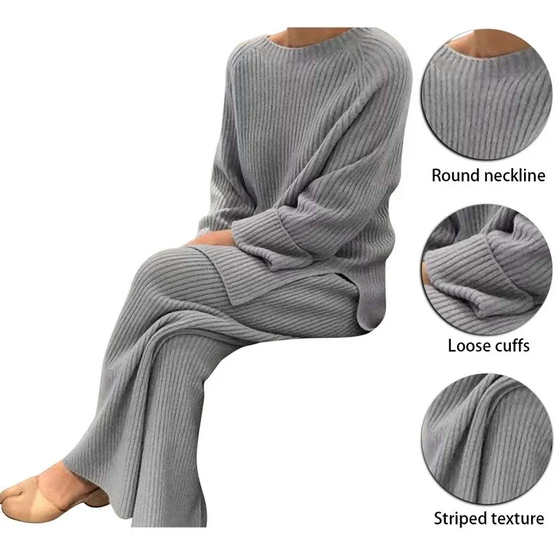 2022 Knitted Sweater Suit Women Casual Solid Color O-Neck Pullovers+Pants Suit Female Autumn Winter Soft Two Piece Set Homewear