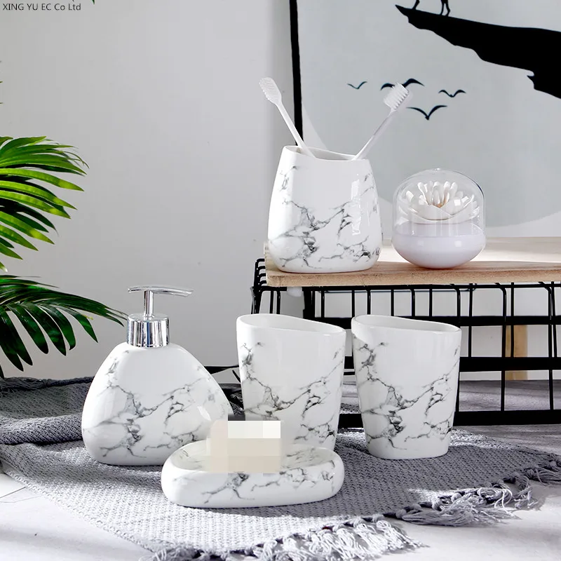 White Marble Texture Bathroom Supplies Toothpaste Dispenser Toothbrush Holder Cotton Swab Box Bathroom Decoration Accessories