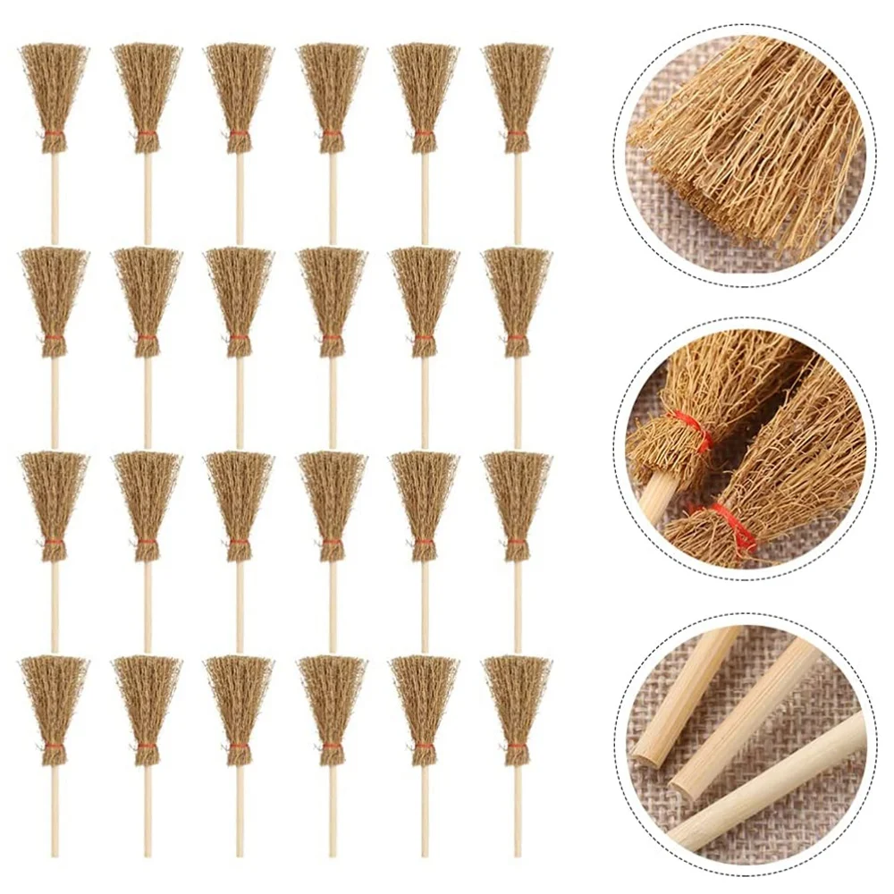 20Pcs Miniature Artificial Mini Straw Brooms with Red Ropes Halloween Straw Dollhouse Decoration Witches Party Decor Toy