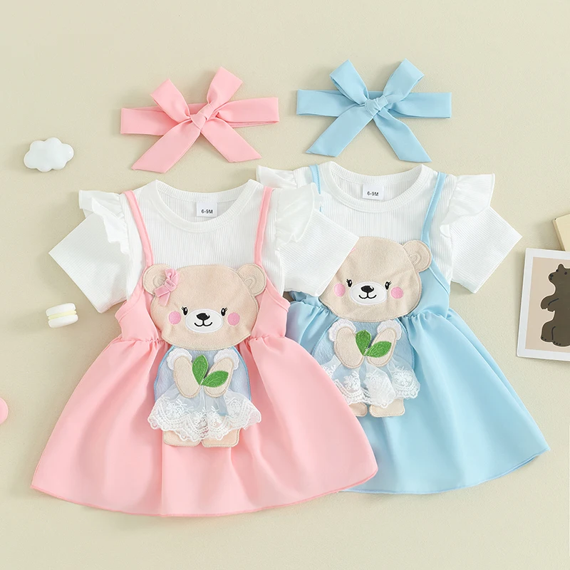 

0-18M Newborn Baby Girls Summer Clothes Sets Short Sleeve Romper Bear Embroidery Suspender Skirt Headband 3pcs Sets Outfits