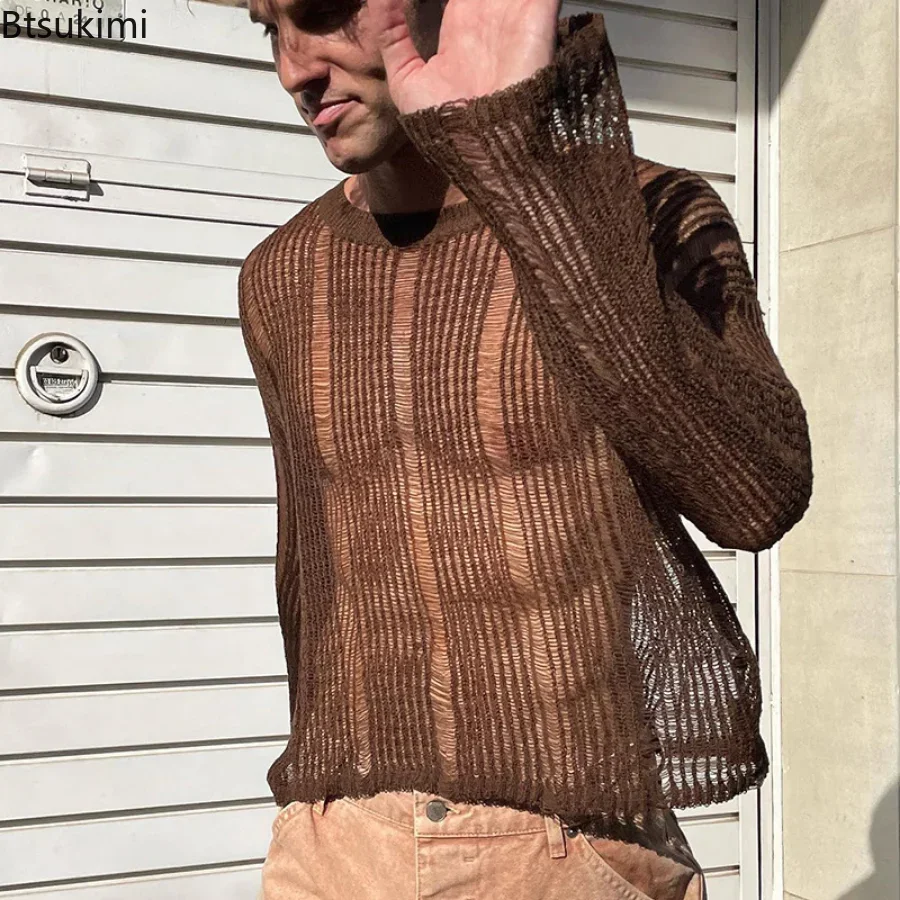 

New 2024 Spring Autumn Men's Sexy Hollow Mesh Knit T-shirts Streetwear Pullovers Solid Long Sleeve Crew Neck Tees Mens Clothing
