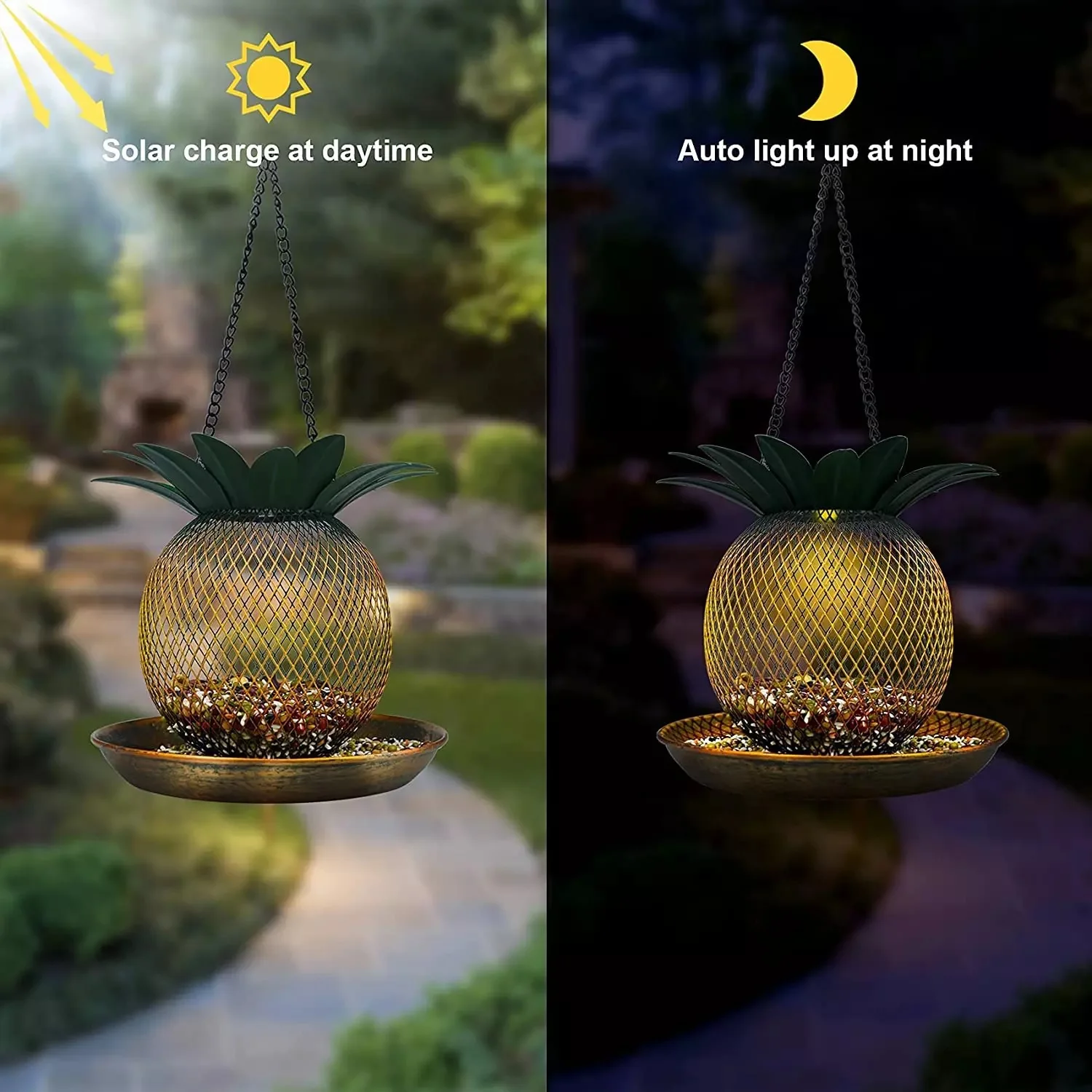 Vintage Pineapple Top Fill Mesh Solar Bird Feeder LED for Outdoors Hanging Wild Metal Bird Feeders Yard Garden Decor Gift