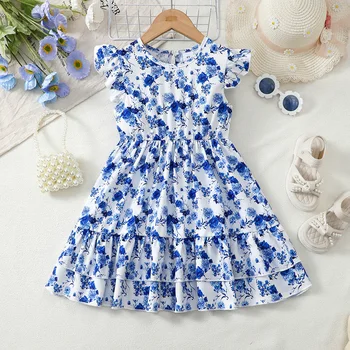 1-6 Years Children Girl Casual Dresses Blue Flowers Print Sleeveless Dress for Kids Girl Summer Daily Wear Toddlers Clothing 1