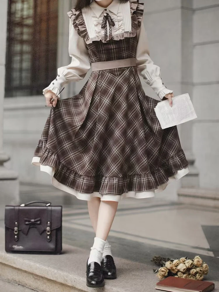 Vintage Lolita Two-Piece Dress - Plaid Bow Slim Fit Skirt for Women Winter 2024 Fashion