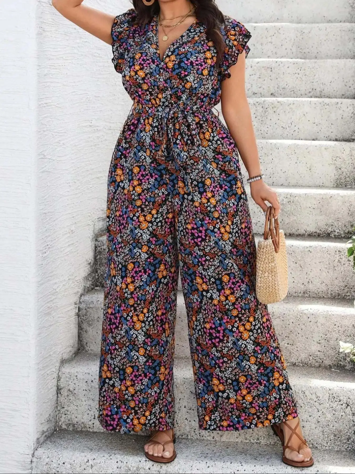 【Plus Size】 Floral Print Tie Shoulder Jumpsuit, Boho Casual Wide Leg Jumpsuit for Vacation Holiday, Women's Plus Clothing for Su 1