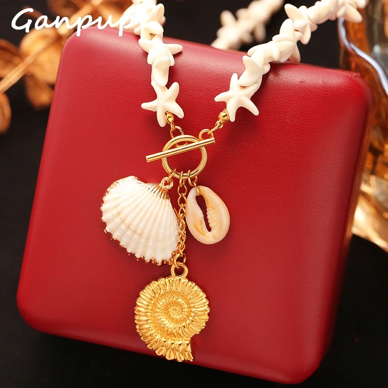 GANPUP 316L Edelstahl Metall Muschel Anhänger Halskette Für Frauen Ozean Stil Wasserdicht Handgemachte Hals Kette Schmuck