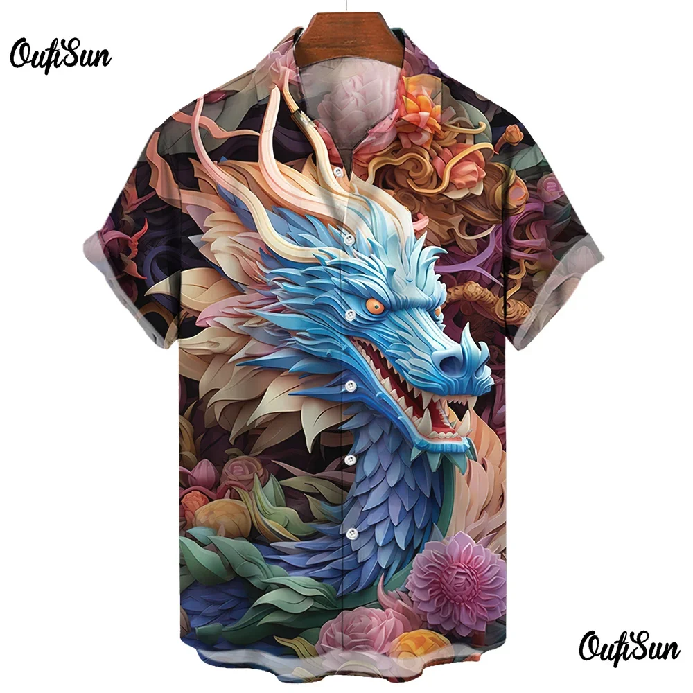 2024 Men's New Year Shirt Fashion Lapel Short Sleeve Top Cool Dragon Print Men's Shirt Street Hip Hop Men's Clothing