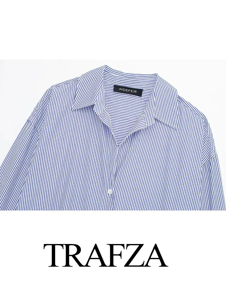 TRAFZA 2024 봄 신사복 포플린 오피스 셔츠 세련된 V 넥 싱글 브레스트 우아한 여성 스트라이프 캐주얼 셔츠 streetwear