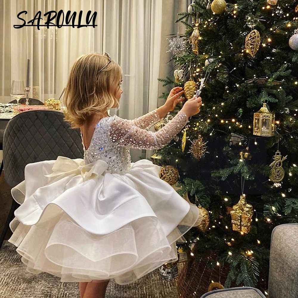 Sequined Ballgown Girls Formal Dress Sweet Prom Dresses Toddler Long Sleeves Big Bow Flower Girls Dresses Wedding Guest Gown