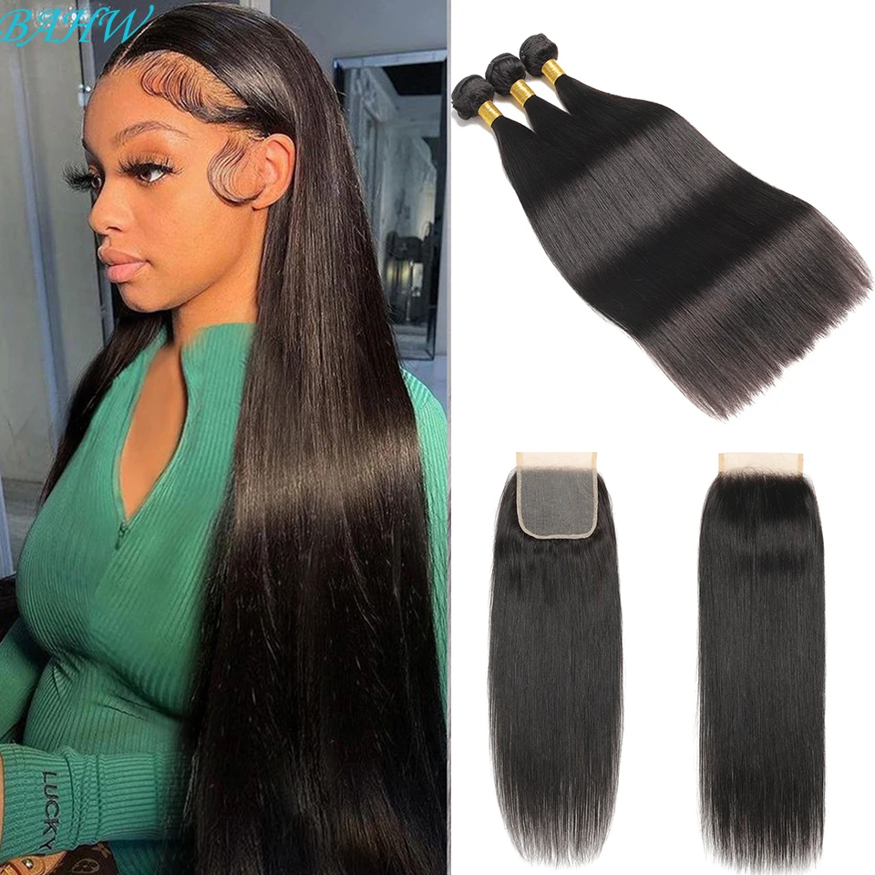 12A Virgin Hair Brazilian Straight Bundles With 4x4 Lace Closure 100% Human Hair Weave Extension With Lace Closure Natural Color