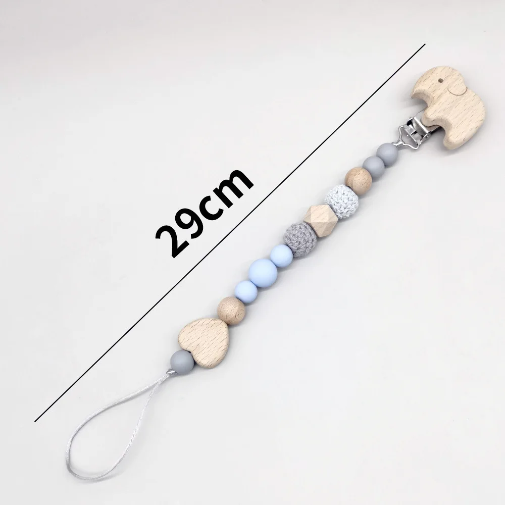 Silicone Beaded Pacifier Chain Elephant Beech Wood Pacifier Clips Baby Anti-Drop Soother Holder for Teething